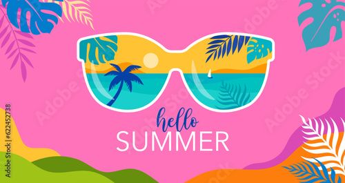 Summer fun concept design. Creative background of landscape, panorama of sea and summer beach on sunglasses. Summer sale, post template with jungle leaves frame