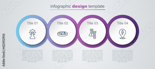 Set line Explosion in the flask, Petri dish with bacteria, Test tube and Lightning bolt. Business infographic template. Vector