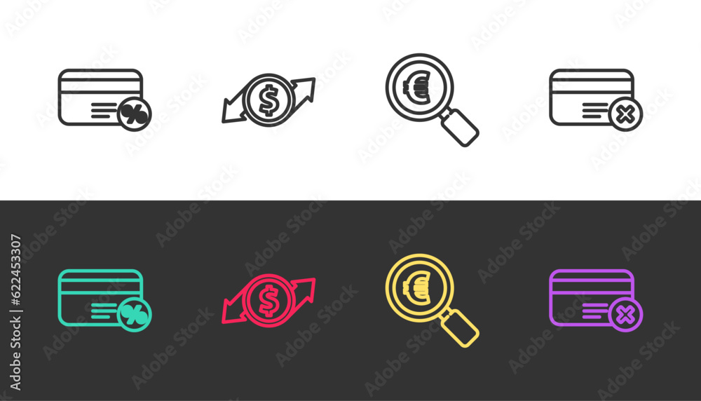 Set line Discount card with percent, Financial growth and dollar, Magnifying glass euro and Credit remove on black and white. Vector Set line Discount card with percent, Financial growth and dollar, Magnifying glass euro and Credit remove on black and white. Vector