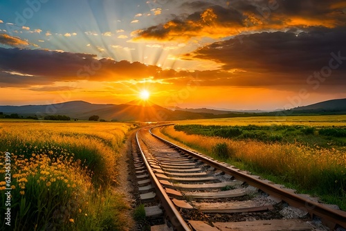 railway in the sunset generated by AI technology 