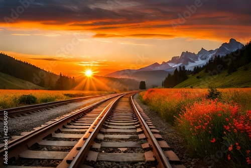 railway at sunset generated by AI technology 
