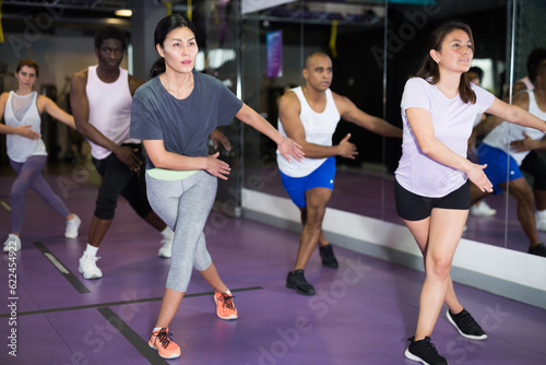 Fototapeta Naklejka Na Ścianę i Meble -  Multiethnic group of adult people practicing active dancing in class at fitness center