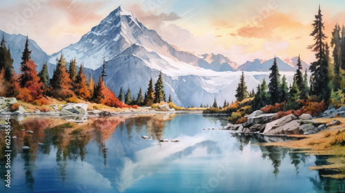 A stunning watercolor landscape masterpiece of majestic mountains towering over a tranquil lake.