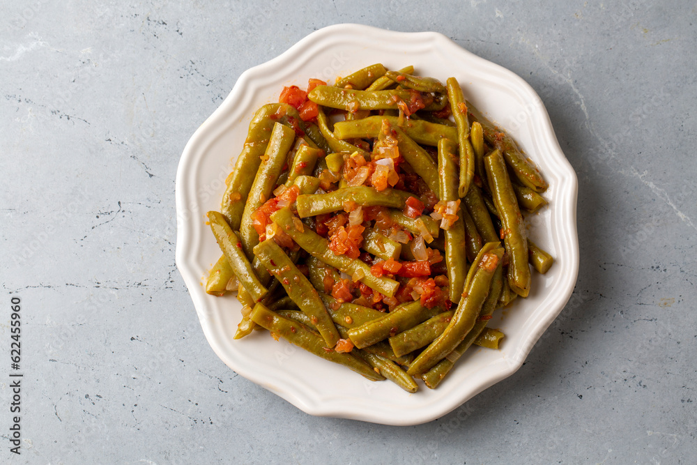 Traditional delicious Turkish food; Green beans with olive oil; Turkish name; Zeytinyagli taze fasulye
