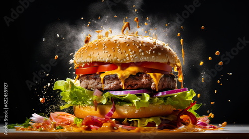 Fresh and juicy hamburger with cheese splashes and ingredients flying around it on a dark background.Generative AI
