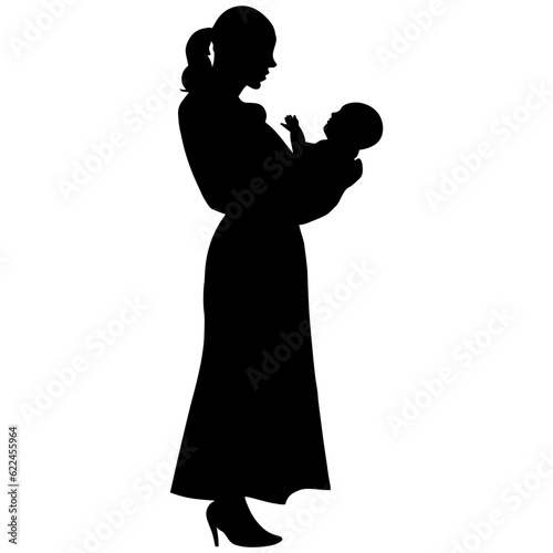 Vector illustration. Silhouette of a woman mother holding her baby in her arms.