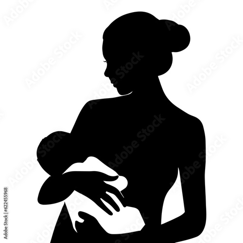 Vector illustration. Silhouette of a woman mother holding her baby in her arms.