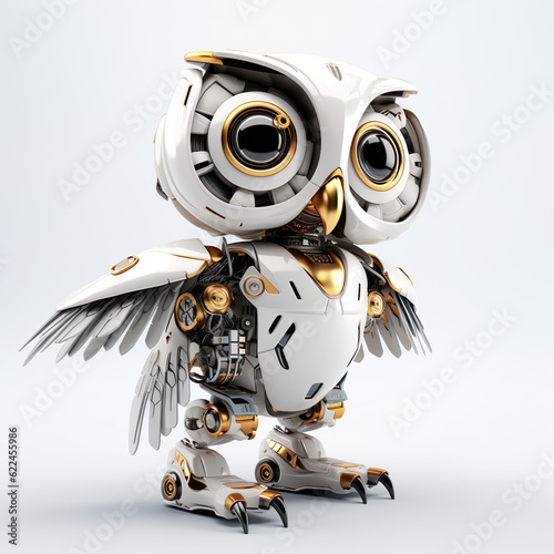 Charming owl robot, robotic bird isolated over white background   Generative AI © Kay