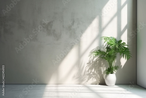 Minimalist interior design with shadows and sunlight. Composition of plants in pot. Generative AI