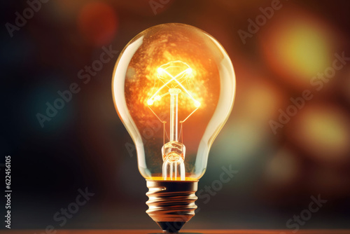 Glowing yellow light bulb. Bright light bulb illustrating the idea. Generative AI