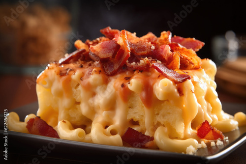 Appetizing mac and cheese in bowl with bacon on top baked in oven. Generative AI