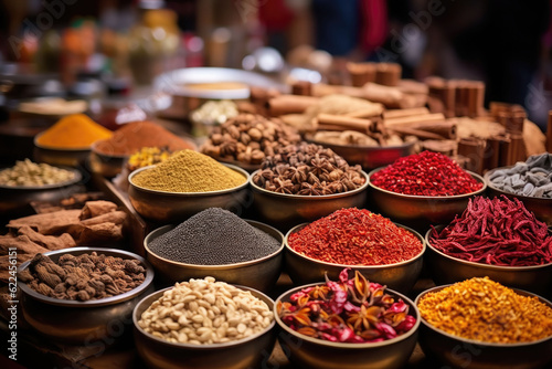 Colorful herbal and spices oriental marketplace. Sacks of food and spices. Generative AI