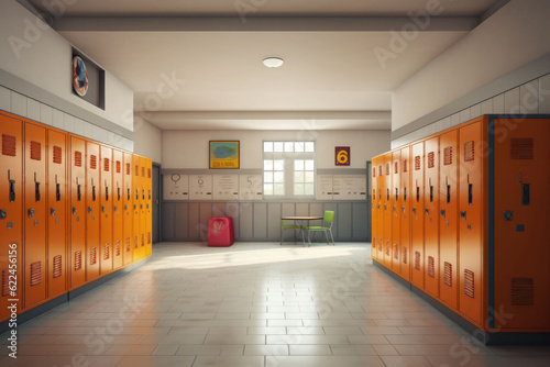 School hallway with modern lockers. Concept of studying and getting knowledge. Generative AI