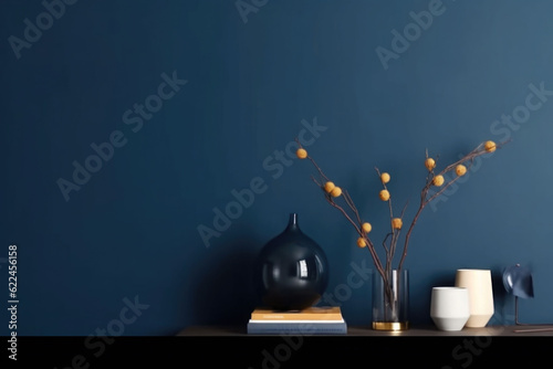 Minimalistic design scandinavian interior with blue wall. A golden lamp, accessories. Generative AI