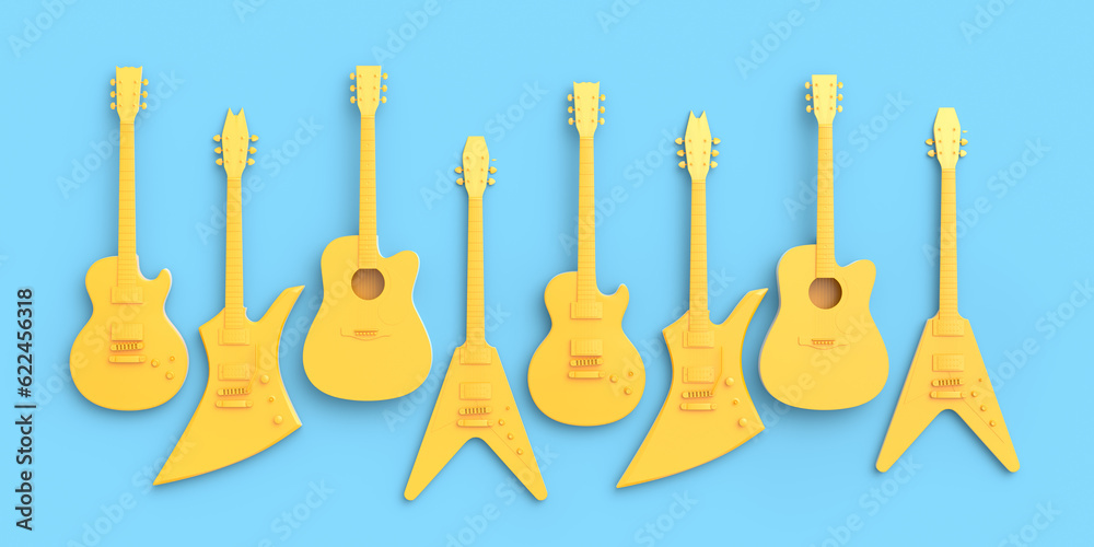 Set of electric acoustic guitars isolated on blue background. Set of electric acoustic guitars isolated on blue background.