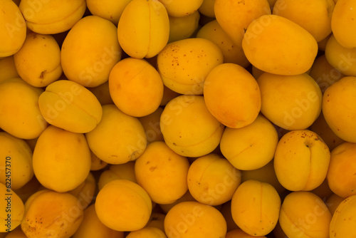 Many ripe orange apricots, top view pattern