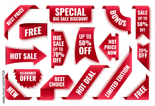 Big hot sale deal up to red labels. Free best choice new bonus price tag. Clearance ribbon market promotional banner. Discount shop badge. Limited edition note sticker. Corner mark design element