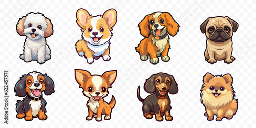 Small breed dogs stickers. Chihuahua, french Bulldog, Cavalier King Charles Spaniel, Welsh Corgi, Papillon dog portrait. Very cute generative ai illustration of toy dog.