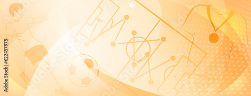 Abstract soccer background with a football player kicking the ball and other sport symbols in yellow colors