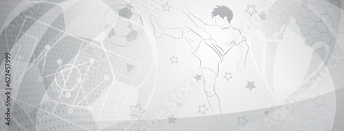 Abstract soccer background with a football player kicking the ball and other sport symbols in gray colors