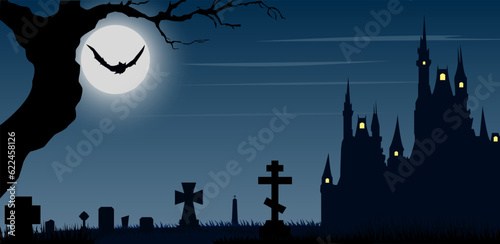 cemetery scene with dark castle 