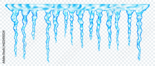 Group of translucent light blue realistic icicles of different lengths, connected at the top, isolated on transparent background. Transparency only in vector format