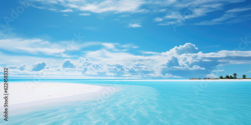 Karibischer heller Sand Strand mit hellblau türkisen Meer und blauen Himmel mit Wolken - Mit Platz für Text oder Produkt © Karat