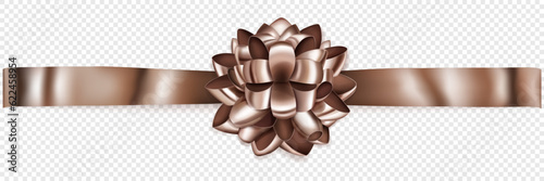 Beautiful bronze shiny bow with horizontal ribbon with shadow on transparent background