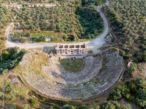 Nysa Ancient city. Aerial view of Roman period ancient theater (Amphitheatre) . Sultanhisar - Aydin - Turkey