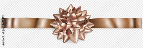 Beautiful bronze shiny bow with horizontal ribbon with shadow on transparent background
