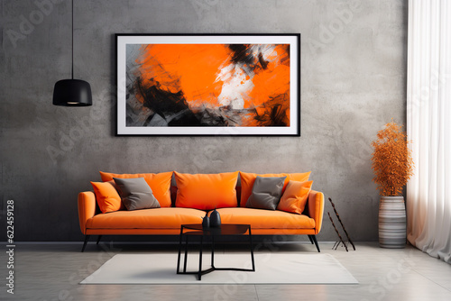 Vivid orange sofa and art poster on stucco wall. Interior design of modern loft living room | Generative AI