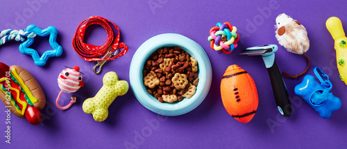 Bowl of dry food for pet and different toys, and training accessories on purple background. Flat lay, top view. Pet shop banner design.