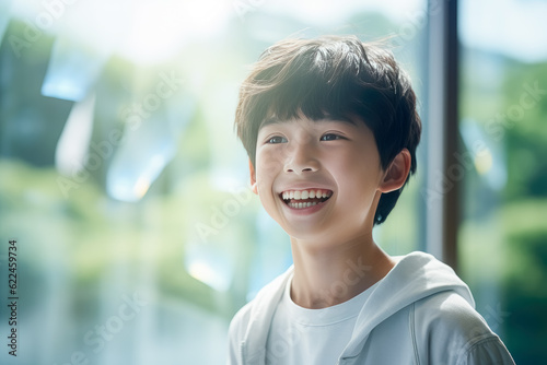A young Asian child smiling on a light background. 