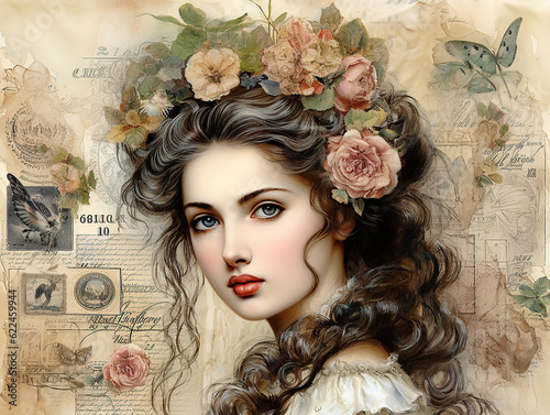 Young beautiful woman with floral decoration. Victorian style background with pastel flowers and ephemera. Generative AI