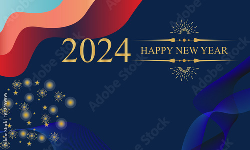 2024 Happy New Year Background Design. Golden 2024 Happy New Year Lettering on Blue Background.
