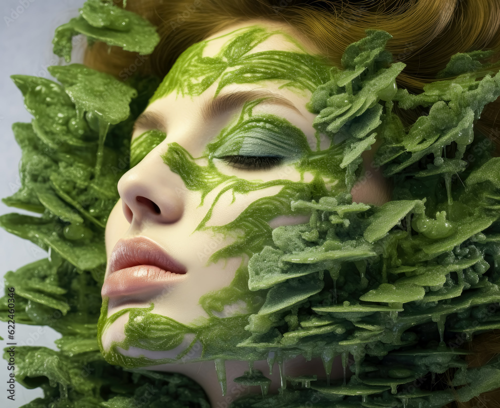 Woman with green algae and plants on her face. 
