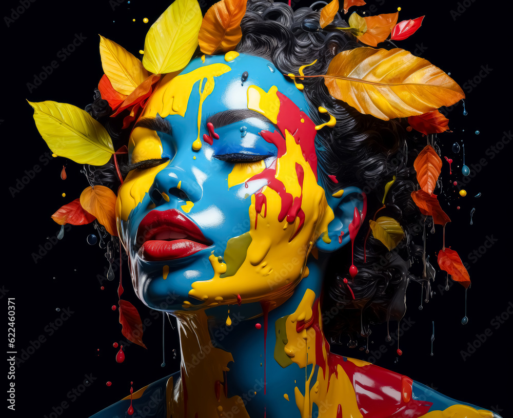 Black woman with her face covered in blue and yellow paint, red lips, leaves over her face.