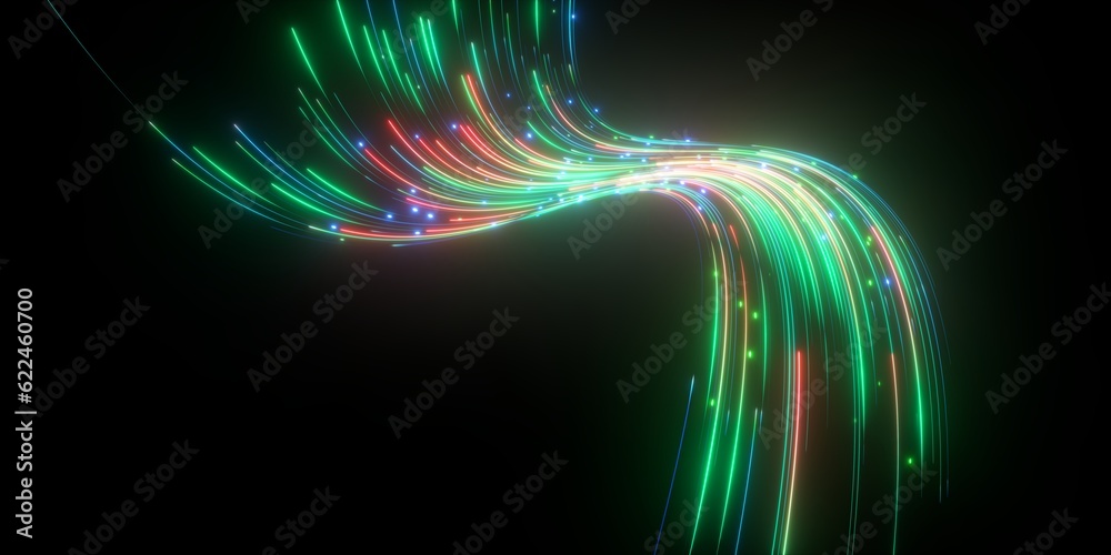 3d render, abstract background with green red neon glowing wavy lines ...