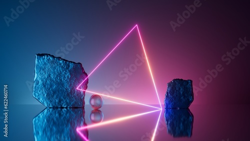 Obraz na plátně 3d render, abstract minimalist geometric background with cobble stone rocks, glowing neon triangular frame and mirror reflection