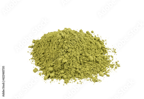 Heap of green henna powder isolated on white background