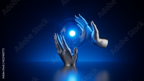 3d render, abstract metallic hands hold glass ball with light, isolated on dark blue background. Modern minimalist wallpaper, futuristic energy concept