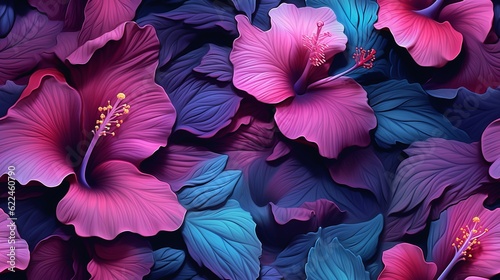 Pattern of Seamless Blue and Violet Hibiscus Design