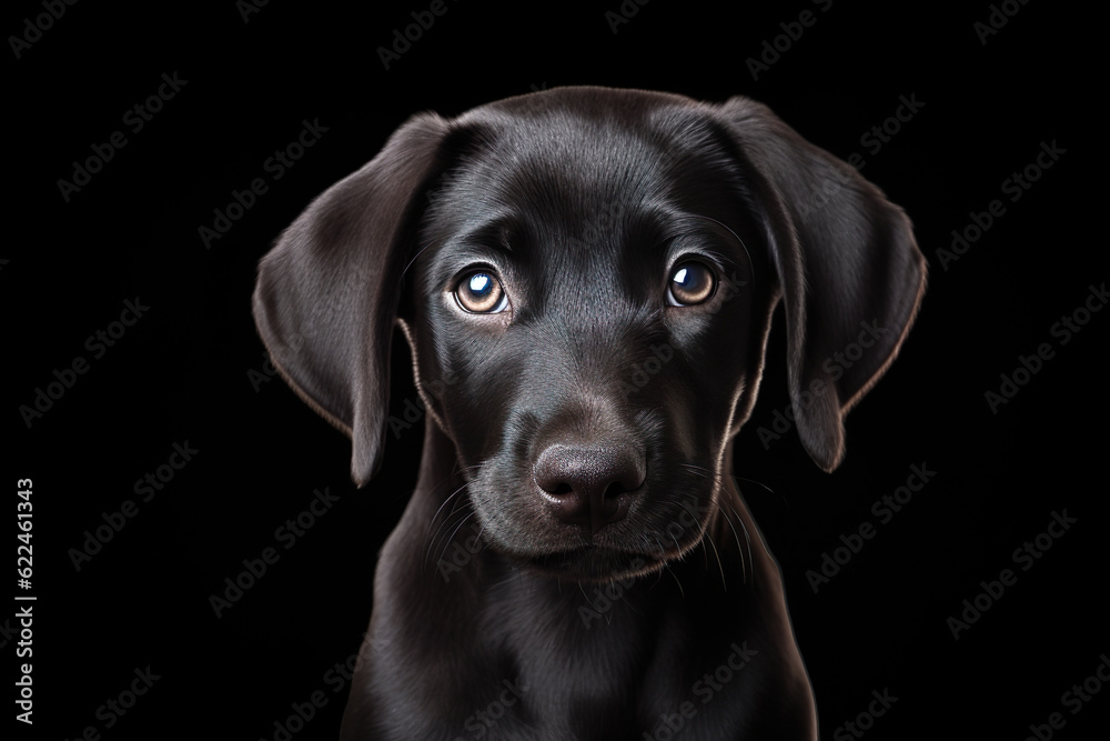 Portrait of black cute puppy dog looking at camera on black background. Copyspace, pet,animals,dogs,puppy concept | Generative AI