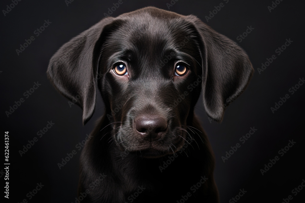 Portrait of black cute puppy dog looking at camera on black background. Copyspace, pet,animals,dogs,puppy concept | Generative AI