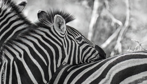 A black and white shot of a small zebra with its head on mother's back