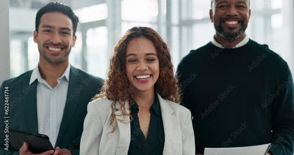 Laughing, team and face of business people at work for corporate collaboration or diversity. Happy, together and portrait of employees in an office for teamwork, partnership or company staff