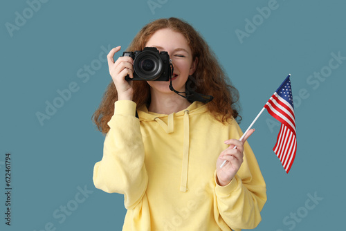 Young woman with USA flag a...