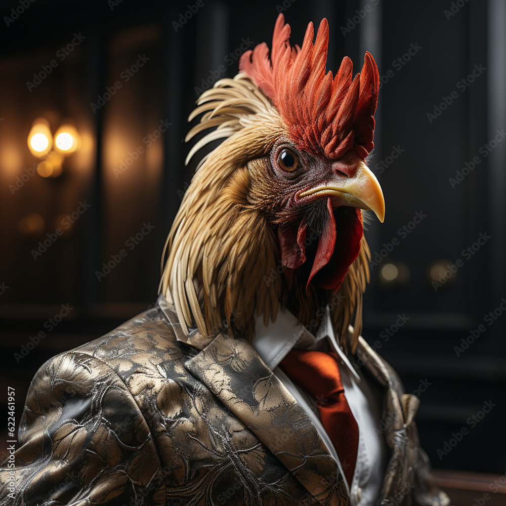 A Chicken wearing clothes like a Boss Art