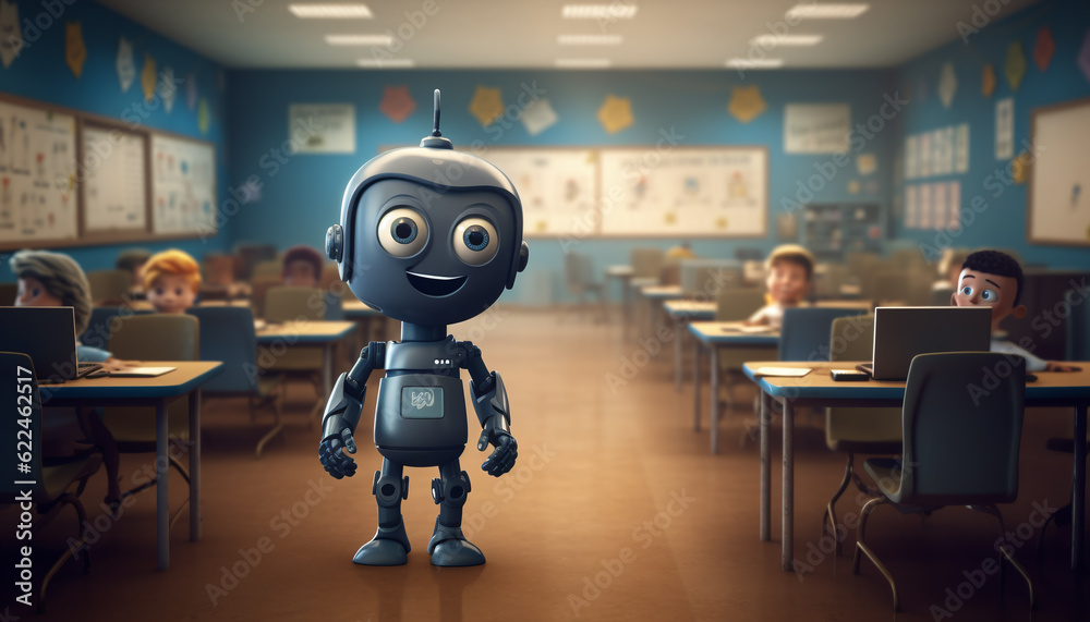a cartoon robot standing in front of a classroom - Generative AI