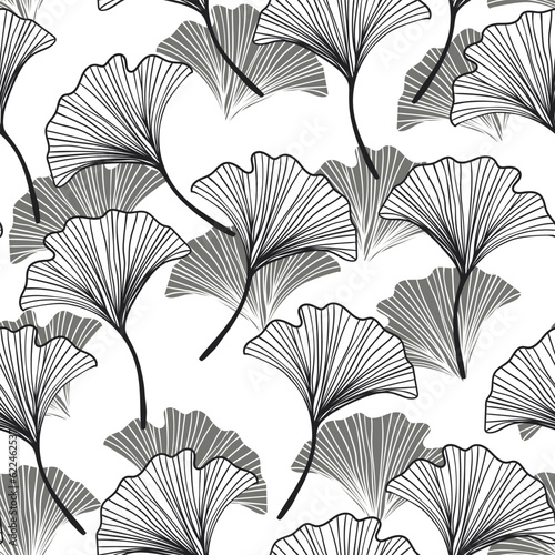 Seamless floral pattern with ginkgo biloba leaves. Art flowers on color background. Decorative sceleton leaf. Vector hand drawn illustration. Minimal linear style